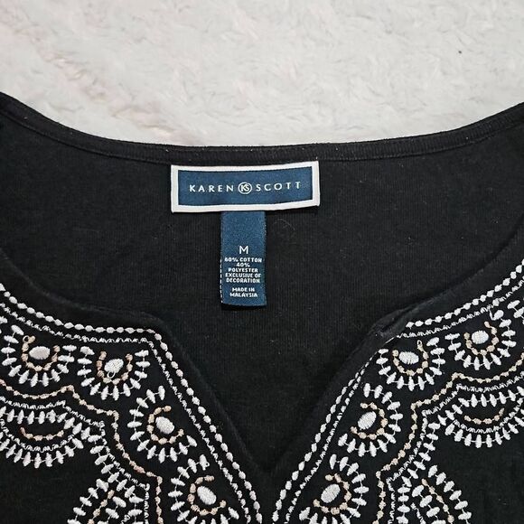 Karen Scott Size Medium Black Embroidered Top - Picture 2 of 4